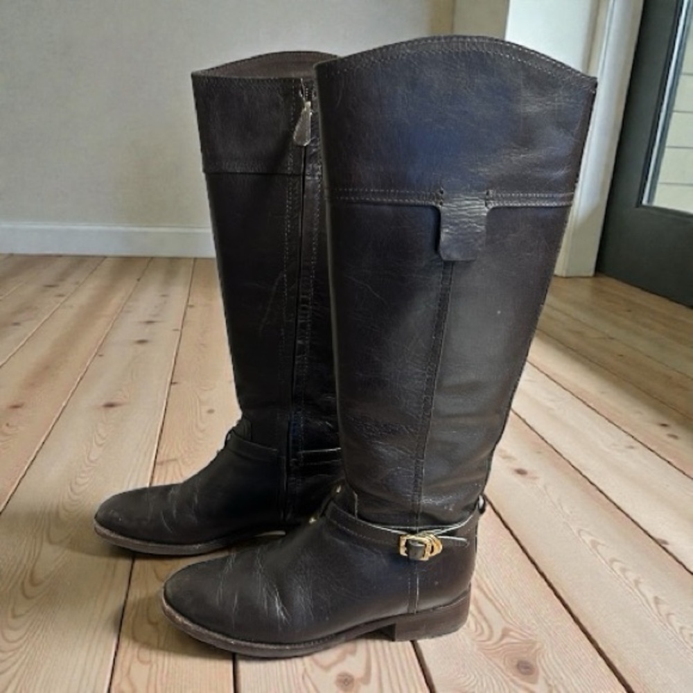 Tory Burch Women's 7.5 Chestnut Leather Riding Boots Equestrian Logo